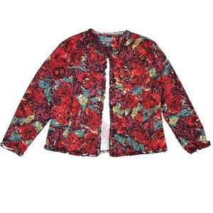 Chicos Additions Denim Ruffle Trim Denim Jacket 3 XL Red Floral Maximalist Artsy